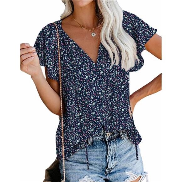 Women's Boho Tops Floral V Neck Short Sleeve Summer Blouse Shirts - Picture 1 of 7